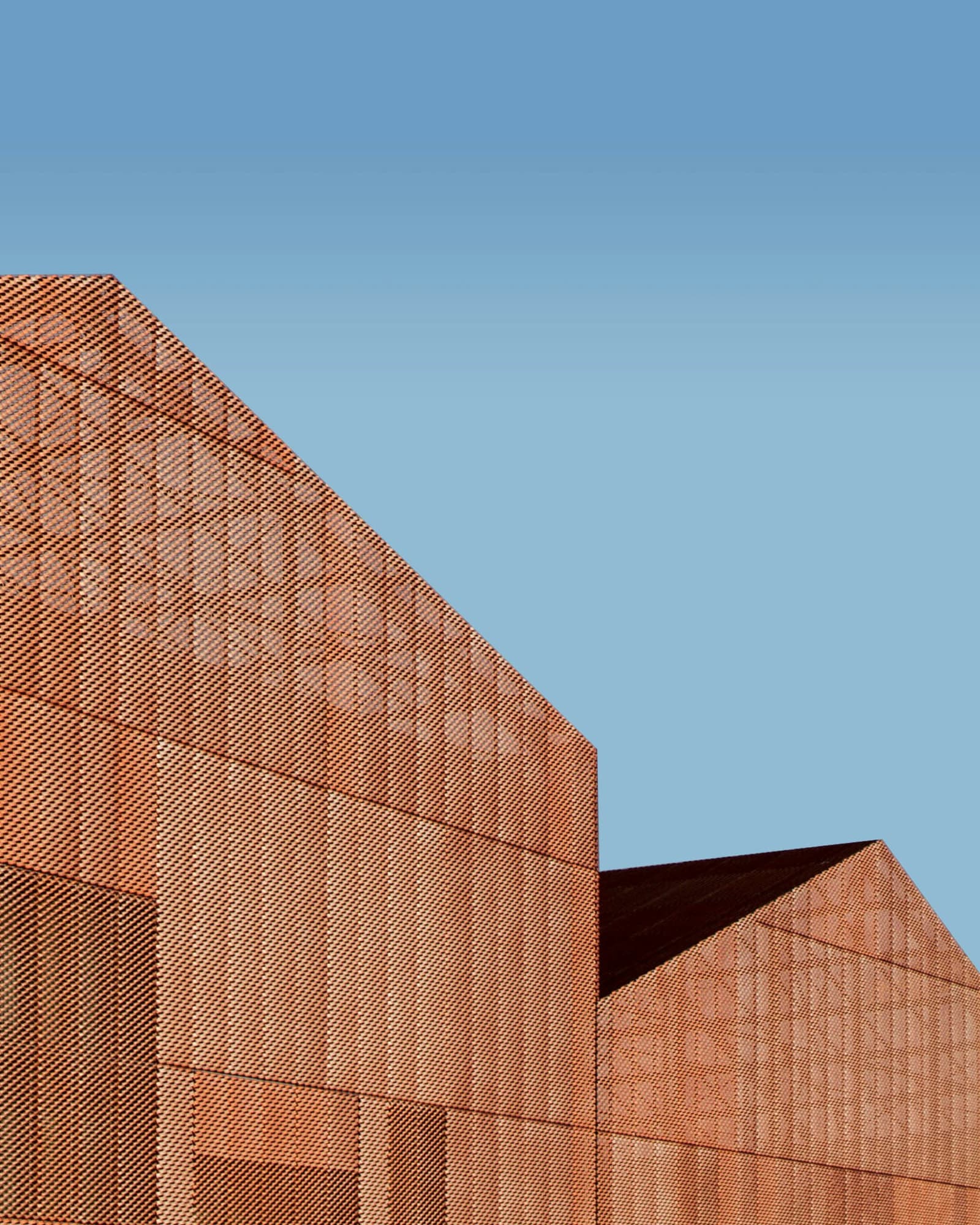 A contemporary building with a facade of terracotta-coloured metal mesh against a blue sky.